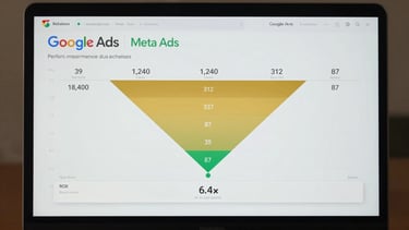 Wide desktop screenshot of a combined Google Ads and Meta Ads performance report — funnel chart showing 18,400 impressions narrowing to 1,240 clicks to 312 form fills to 87 qualified calls, ROI row at bottom showing 6.4× return on ad spend. Clean analytics UI, gold and green metric highlights, readable axis labels. No blur, no artistic treatment.