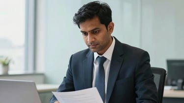A high-quality photography shot of a professional South Asian / Indian legal consultant in a bright, modern office in Bengaluru. The person is sitting at a desk with a laptop and a neatly signed document, looking helpful and confident. The background features clean architectural lines in light blue and soft white tones, with gentle natural light streaming through a window.