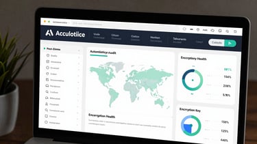 Clean, high-fidelity UI mockup of a compliance dashboard showing real-time automated audit status, data sovereignty maps, and encryption key health indicators.