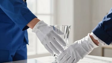A close-up photograph of a professional's hand in a white glove adjusting a crystal vase on a polished marble surface in a minimalist, sun-drenched North American penthouse. Cobalt blue and crisp white accents. Prestigious mood, soft morning light.