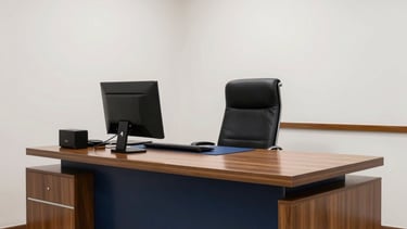 A high-end, professional South American law office interior in Cuiabá, featuring a polished wooden desk, navy blue accents, and white walls. The lighting is natural and bright, conveying a sense of transparency and trust. No people visible, only the clean, modern legal workspace.