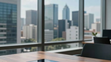 Professional photography of a contemporary office in a South American / Hispanic metropolitan area during the day. Through a large window, a glimpse of a modern city skyline. In the foreground, a sleek wooden desk with a digital tablet and a clean notebook. The lighting is bright and airy, using a palette of dark blue and light blue tones to evoke trust, innovation, and digital efficiency.