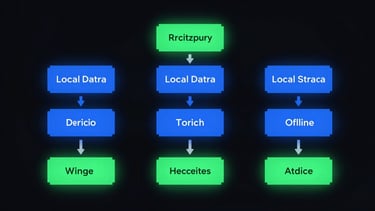 clean vector schematic of an offline-first Android application architecture, data flow diagram, showing local data storage and direct hardware interaction, no external cloud dependencies, cyber-blue and neon-green accents on a dark background, pixel-perfect UI