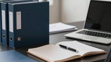 A professional and clean photography of a modern administrative office in South American Brazil, featuring an organized desk with folders, a pen, and a high-end laptop. The lighting is bright and natural. The color palette includes touches of dark navy and muted blue, with a professional ochre accent on a notebook. The composition is a sharp, eye-level shot emphasizing order and efficiency.
