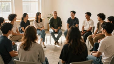 Warm editorial photograph of a diverse group of people sitting in a circle in a sunlit community room, talking and laughing, 35mm