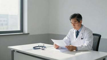 Panoramic clinical consultation room, a doctor in white coat seated at a clean desk reviewing printed papers, stethoscope on desk surface, natural daylight from side window casting soft shadows, no face visible, wide medium shot with generous negative space on the left side