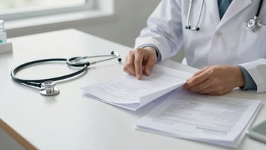 Wide shot of a clinical desk with a doctor's hands reviewing printed medical documents under natural window light, stethoscope resting beside papers, clean white surface