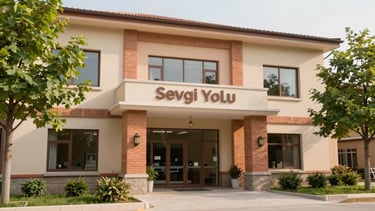 Warm editorial photograph of the modern, welcoming exterior of Sevgi Yolu rehabilitation center, soft terracotta brick accents, green trees framing the entrance, soft natural daylight, 35mm lens.