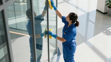 A high-angle, professional photograph of a modern, sunlit corporate office lobby in Long Island City, North American / US. A cleaning professional in a clean blue uniform and gloves is efficiently polishing a large glass surface. The scene is bright and airy with polished white floors and blue accents, emphasizing hygiene and corporate professionalism.