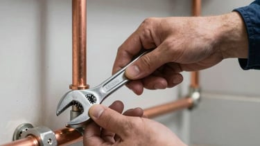 Close-up high-quality photograph of a professional plumber's hand adjusting a chrome wrench on a copper pipe in a North American / US residential basement setting, efficient lighting, clean and modern aesthetic with navy blue and gray tones.