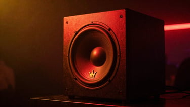 Modern sub-woofer with golden crown emblem, crimson backlighting, dark shadows, smoky club atmosphere