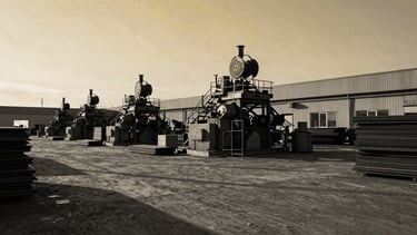 Panoramic shot of a large industrial fabrication yard at golden hour, dramatic shadows from equipment, raw materials stacked, wide geometric environmental shot, black and white with mustard accents, 35mm.