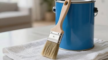 A close-up photograph of a professional painting setup in a bright, modern Florida home. A high-quality paintbrush rests on a clean white drop cloth next to a sealed blue paint can. The lighting is natural and bright, showcasing a clean and trustworthy workspace. 4K resolution, realistic style.