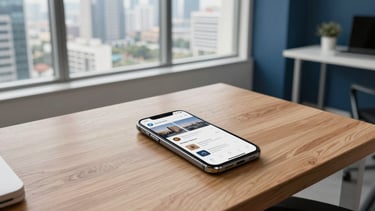 A high-angle professional photography shot of a modern creative office in Jakarta, Indonesia. On a wooden desk, a smartphone displays social media analytics. The room has large windows showing a urban skyline, clean lines, and soft daylight. The aesthetic is modern and efficient, incorporating dark blue and off-white tones.
