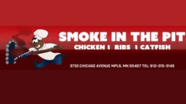 Smoke In The Pit BBQ restaurant logo featuring a chef and menu items like chicken, ribs, and catfish.