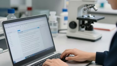 Close-up of hands typing on a laptop drafting lab policies
