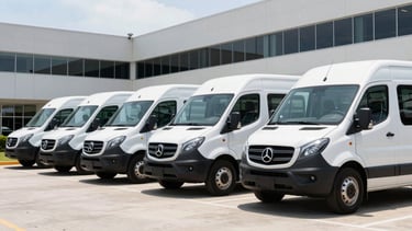 Wide shot of a line of clean, modern Atiras Group commercial trucks parked neatly in a secure yard under bright daylight, Silver Spring office building in the background, sharp focus.