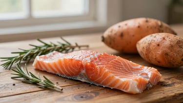 Close-up of raw, high-quality pet food ingredients like fresh salmon, sweet potato, and rosemary sprigs on a rustic wooden table, soft window light, shallow depth of field