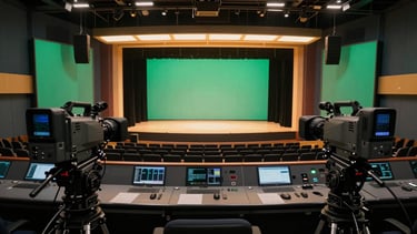 Wide panoramic broadcast control room with rich golden-hour studio lighting and deep obsidian and emerald tones, professional video cameras framing a majestic empty stage, sharp focus, 85mm