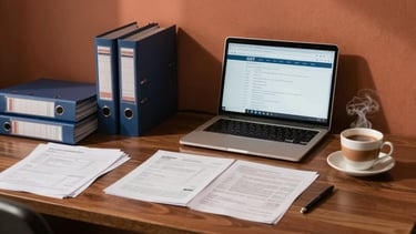 Wide panoramic view of a compliance office in mid-morning light — a desk with printed tax schedules, annotated binders, a laptop showing a GST portal, and a steaming cup of chai to the right third, warm terracotta wall in the background, no people, quiet working atmosphere