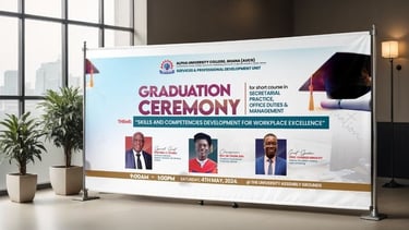 Alpha University College graduation ceremony banner featuring guest speakers and workplace excellence theme.