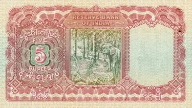 Burma RBI KG6 1938 Peacock Banknote 5 Rupees