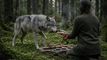 A gray wolf approaches a woman holding smoking sage in a mystical mossy forest setting.