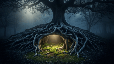 A glowing mystical cave entrance formed by tangled tree roots in a foggy, dark fantasy forest.