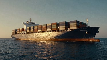 Cinematic wide shot of a massive container ship departing an Indian port at golden hour, deep navy water, metallic gold sky reflection, 35mm film grain
