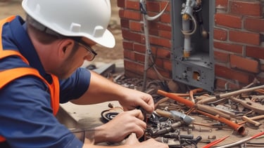 A tall red residential building with several air conditioning units fixed to its exterior, and a few individuals visibly performing maintenance work or cleaning on the windows. A curved road runs parallel to the building, with a couple of cars driving by. In the distance, other high-rise buildings are visible, along with trees providing some greenery to the urban landscape.