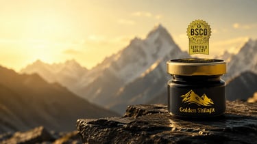 Golden Shilajit resin jar on a rocky peak with a Himalayan mountain sunset background and BSCG certification.