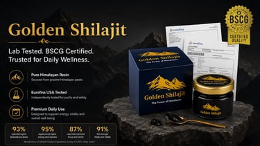 Pure Himalayan Golden Shilajit resin in a jar with laboratory test results and health benefit statistics.