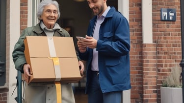 A delivery person handing a package to a customer.