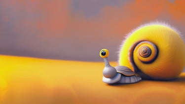 A cute 3D character snail with a large fluffy yellow shell and a single eye on a vibrant yellow surface.