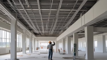A construction site with an archway framed in DensGlass sheathing panels. There is a large plywood board partially covering the entrance. Construction materials, including a metal container and drywall, are scattered around.