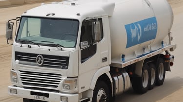 A moving truck with company branding is parked next to an open shipping container on a trailer. Two people are handling items near the container, while a car is parked in the background. The sky is overcast, and the ground appears to be asphalt.