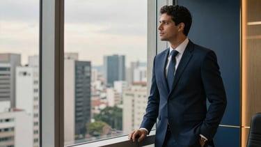 Professional photography of a modern law office in São Paulo, Brazil. A South American lawyer in professional attire stands by a window with a city view. Soft afternoon lighting, atmosphere of trust and empathy, with subtle navy blue and gold accents in the interior design.