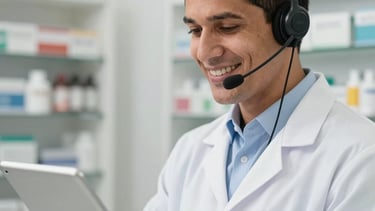 A close-up photograph of a South American / Brazilian professional pharmacist in a bright, modern clinic setting, wearing a white lab coat and a discrete headset, smiling with empathy while looking at a tablet. The background is a soft-focus clean pharmacy environment with Bright White and Pale Mist Gray tones.