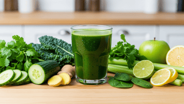 a glass of green juice with a green apple and lemonade