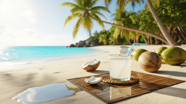 a glass of coconut water on a beach