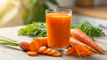 a glass of carrot juice with carrots and carrots