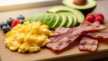 a cutting board with bacon, eggs, and avocado