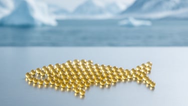 Capsule Omega 3 dorate a forma di pesce su superficie fredda, simbolo di purezza artica