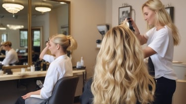 A modern barbershop with a stylish interior featuring exposed brick walls, sleek shelving filled with products, and framed photos on the walls. A barber is attentively working on a customer's haircut, using a hairdryer. The atmosphere is cozy and well-organized.