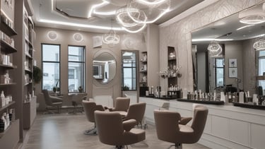 A modern hair salon with elegant design elements. The space features built-in shelves stocked with hair products, large mirrors, and cushioned salon chairs. The ceiling is decorated with geometric patterns and several spherical light fixtures. A mural of abstract line art adorns the walls.