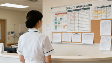 Imagem da enfermagem de frente para o mural da gestão da qualidade