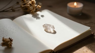 Open journal with crystal on page in thin beam of morning sunlight with dried flowers and candle