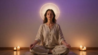 Woman in candlelit room seated in meditation with golden-white light expanding from crown upward