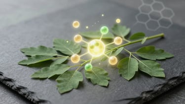 Moringa leaves with abstract visualization of antioxidant compounds and cellular health