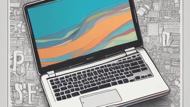 A modern office workspace with a laptop and digital marketing materials.